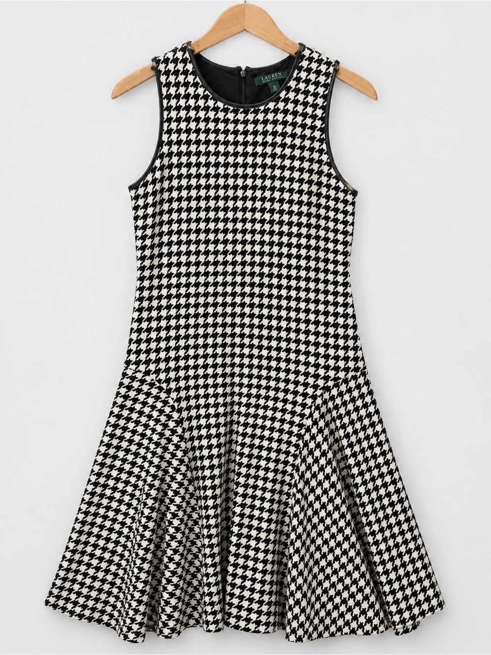 Lauren Ralph Lauren Houndstooth Fit-and-Flare Dress Faux Leather Trim M